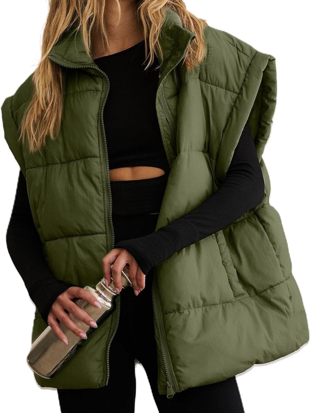Olive Green Puffer Vest Jacket - Women